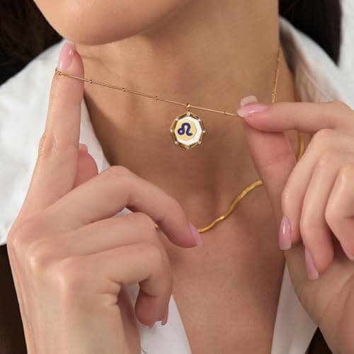 LETFLY Leo Zodiac Necklace for Women, 18K Gold Plated Octagon Shaped Pendant with Cubic Zirconia Adjustable Layered Snake Chain for Womens Jewelry Gifts - Thumbnail 3
