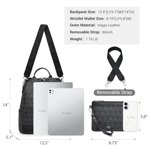 VANSARTO Backpack Purse for Women Vegan Leather Travel Backpack with Wristlet, Designer Convertible Shoulder Bag Satchel Handbag, Lightweight Fashion Backpack with Wide Strap (Black) - Thumbnail 3