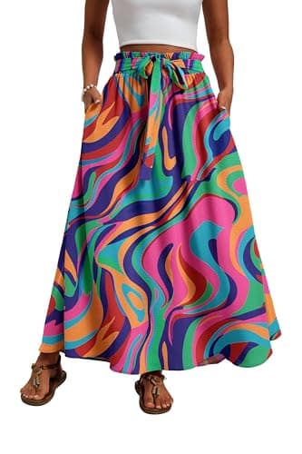 Mintreus Women's Maxi Skirts with Pockets Summer Drawstring Elastic Waisted Pleated A Line Long Skirt for Women 2026(Multi Purple Wave-S) - Image 1