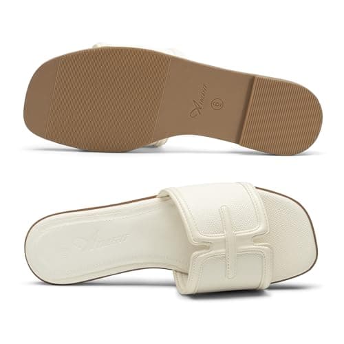 Athlefit Flat Sandals for Women Dressy Square Open Toe Comfortable Slip On Summer Beach Casual Slide Sandals Ivory Size 5.5 - Thumbnail 5