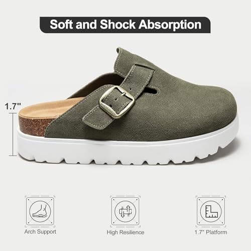 Women's Platform Suede Clogs Slip-On Mules Non-Slip Potato Shoes Sandals with Arch Support Adjustable Buckle Green - Thumbnail 4