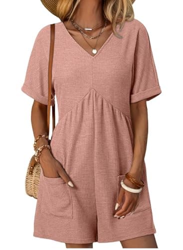 AlvaQ Womens Romper Dressy 2025 Summer Outfits Solid Color V Neck Batwing Short Sleeve Rompers Shorts Jumpsuit with Pockets Pink Large - Image 1