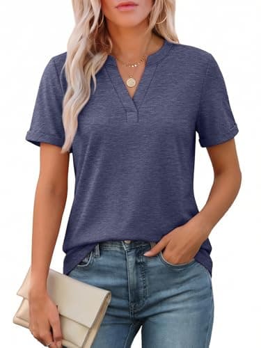 ATHMILE Womens Blouses V Neck Spring Summer Tops Dressy Casual Short Sleeve Henley T Shirts Basic Tees 2026 - Image 1