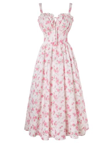 Women's 2026 Summer Floral Print Flowy A Line Dresses Milkmaid Maxi Dress with Pockets Pink Roses S - Image 1