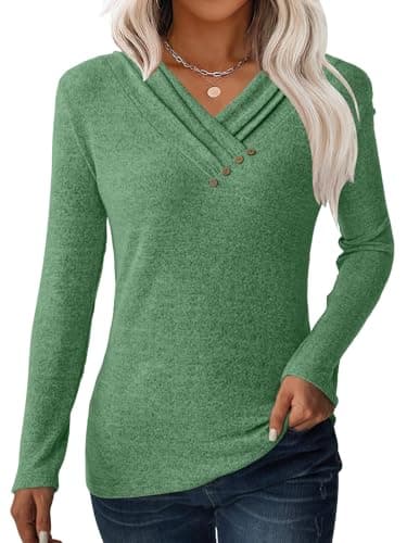 GKBK Women Long Sleeve Tunic Tops for Leggings V Neck Button Down Loose T Shirts 2026 Fall Winter Dressy Business Casual Blouse Pullover Sweatshirt Work Cute Fashion Sweater Outfit Clothes Green S - Image 1