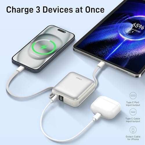 VINKO Small Portable Charger, 22.5W Fast Charging Mini Power Bank 10000mAh with Built-in Cables, Travel Essential USB-C Battery Pack Compatible with iPhone 17/16/15, Samsung S25/24, Android (White) - Thumbnail 5