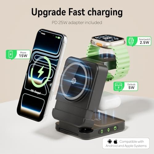 Wireless Charger 3 in 1, Foldable Charging Station for Apple Samsung Multi Devices Charging, Magnetic Charging Stand, Portable Travel Fast 15W Charger Station for iPhone, TWS, iWatch (Black) - Thumbnail 2