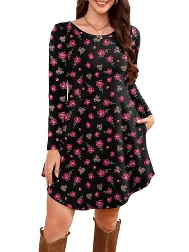 DEARCASE Women's Long Sleeve T Shirt Dress Floral Black Pink Rose Flower Large Crewneck Knee Length Loose Casual Flowy Swing Tunic Dresses with Pockets - Image 1