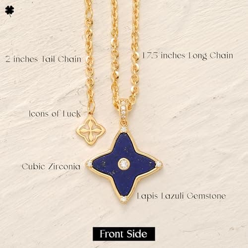 MYEARS Women Clover Necklace Pendant Lapis Lazuli Cubic Zirconia 14K Gold Simple Dainty Chain Everyday Trendy Lucky Jewelry - Thumbnail 4