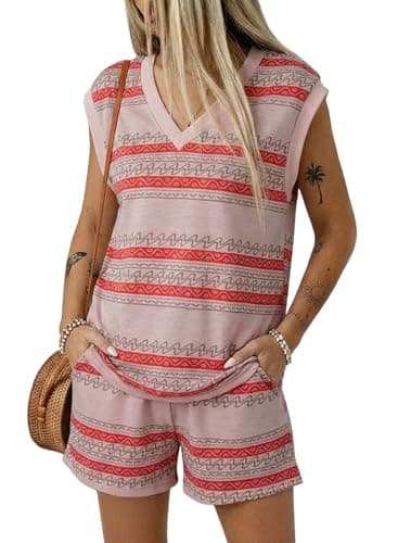 Dokotoo Summer Sets Women 2 Piece Outfits Sleeveless V Neck Tank Tops Western Striped Print Lounge Sets Casual Tie Waist Pockets Shorts Pink Stripe Medium - Image 1