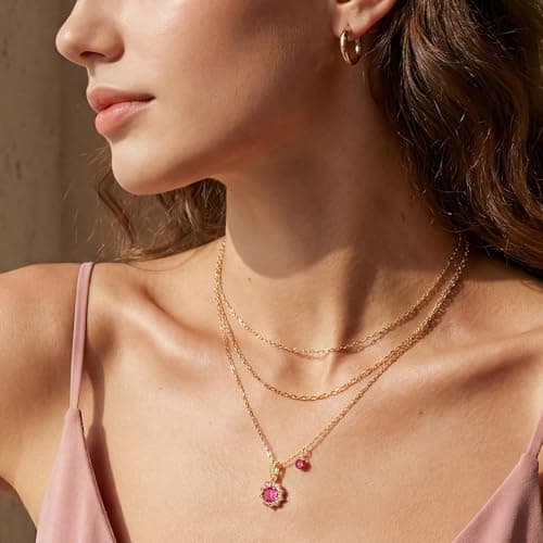 MEVECCO Radiant Sun Necklace for Women, 14K Gold Plated Cubic Zirconia Birthstone Jewelry Removable Pendant Design Rose Pink - Thumbnail 3