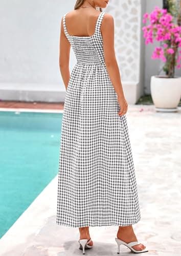 PRETTYGARDEN Women's 2026 Summer Spaghetti Strap Maxi Dresses Plaid Square Neck A Line Casual Beach Vacation Long Sundress (Grey,XX-Large) - Thumbnail 2