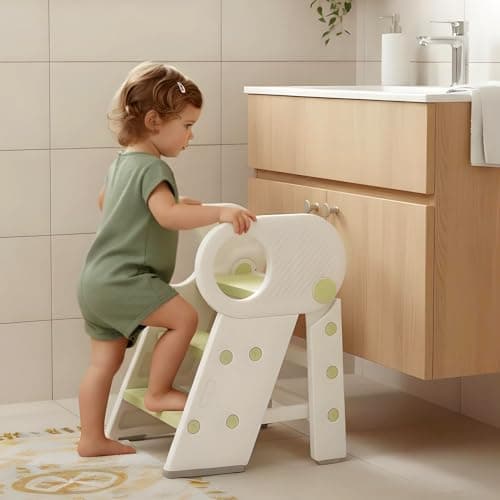 Baobrava Foldable Step Stool for Toddlers, Adjustable 3 Step Stool for Bathroom Sink, Toilet Potty Training Stool with Handles, Child Kitchen Counter Bedroom Bed Stool Helper