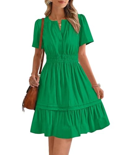 BTFBM Summer Dresses for Women 2026 Casual Boho Sundress Short Sleeve V Neck Ruffle A Line Beach Vacation Mini Dress(Green, Large) - Image 1