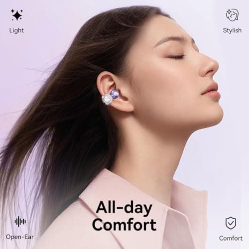 Kinglucky Jewelry-Inspired Clip-On Earbuds with Diamond Earrings, Comfortable Fit & 40H Playtime Open Ear Bluetooth 5.4 Wireless Headphones for Women, Small Ears, Sports & Workouts (Purple) - Thumbnail 3