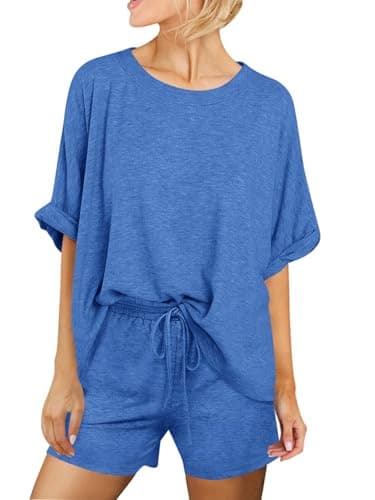 Tankaneo Womens 2 Piece Lounge Sets Oversized Short Sleeve T-shirts Drawstring Shorts Pajamas Summer Outfits Royal Blue - Image 1