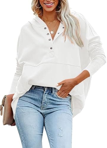 PRETTYGARDEN Women Long Sleeve Casual Button V Neck Hoodies Oversized Sweatshirt Hooded Tops with Big Pockets (Beige White,Medium) - Thumbnail 2