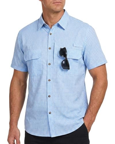 Cozople Hiking Shirts Men Check Short Sleeve Button Up UPF 50+ 4-Way Stretchy Daily Hiking Shirt for Travel Safari Trips Blue and White Plaid XL - Image 1