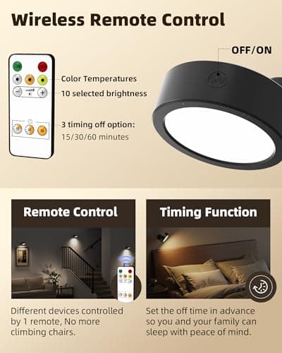 EZVALO LED Wall Mounted Light, 3000mAh Rechargeable Cordless Wall Sconce, Dimmable with Remote & Touch Control, 3 Color Temps, 360° Rotatable for Bedroom, Bedside, Reading (Black, 2 Pack) - Thumbnail 2