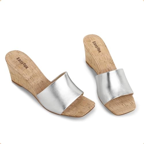 Easyfox Wedge Sandals for Women Silver Wedge Heels Open Toe Slip on Wedge Sandals High Heel Womens Wedge Sandals Summer Dressy Sandals Size 11 - Thumbnail 6