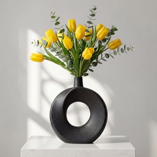 DSYSMIN Modern Black Ceramic Donut Vase - 10.24" Matte Circular Hollow Vase, Minimalist Nordic Style Home Decor for Living Room, Mantel, Entryway (Watertight & Handmade) - Image 1