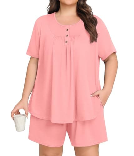 Lastshe Plus Size Pajama Set for Women Summer Short Sleeve Shorts Henley Neck Ladies Pjs 2 Piece Printed Loungewear Sleepwear,Pink Red-2X - Image 1
