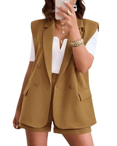 KIRUNDO 2 Piece Outfits for Women Double Breasted Open Front Sleeveless Blazer and Shorts Suit Set Business Casual Summer Sets Spring Fashion Clothing(Brown Yellow, XX-Large) - Image 1