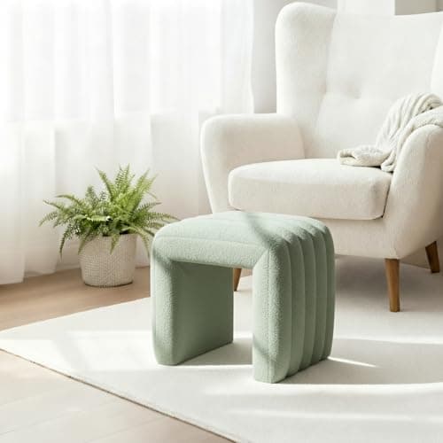 SEYNAR Modern Boucle Upholstered Ottoman,Small Accent Footrest Bench,Upholstered Cube Seat for Bedroom,Living Room,Entryway(Green) - Thumbnail 6