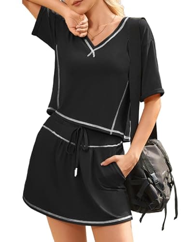 Alealiy Womens 2 Piece Outfits Summer Skirt Sets Casual Short Sleeve Tops Matching Skort Going Out Lounge Set Black Medium - Image 1