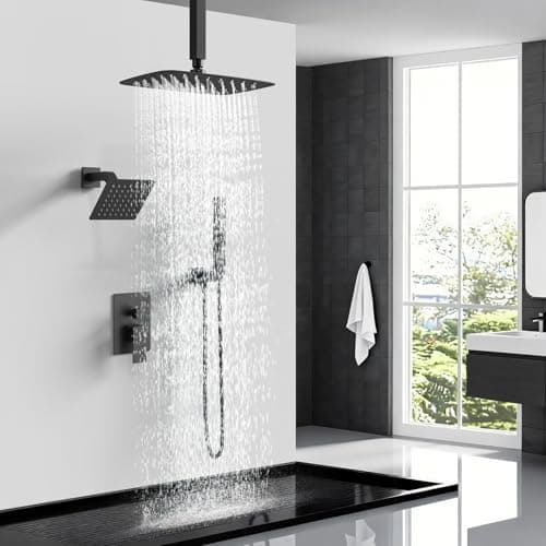 Orovessina Shower Faucet Set, 12" Ceiling Mount Rainfall Shower System with 2 Rain Shower Heads, 2-in-1 Handheld, Solid Brass Pressure Balancing Shower Valve and Trim Kit, Matte Black - Thumbnail 2