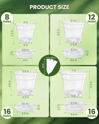 WandaQueen 24 Packs 7/6/5/4 Inch Clear Nursery Pots for Plants with Sacuers, Plastic Flower Pots with Drainage Hole, Variety Pack Seedlings Plant Pot with 24 Plant Labels - Thumbnail 2