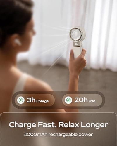 SHEWIND Portable Handheld Mini Fan for Women - 4000mAh Rechargeable, 5 Speeds, 20H Max, Folding Travel Turbo Fan with LED Display - Cream - Thumbnail 4