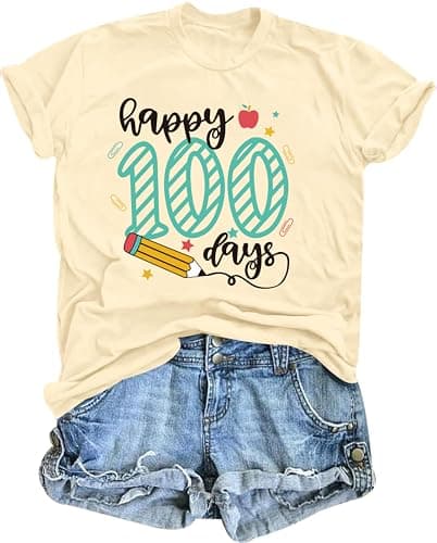Teacher Shirts 100 Days of School Shirt Happy 100th Days T-Shirt for Women Student Teach Graphic Tee Gifts Tops Beige - Image 1