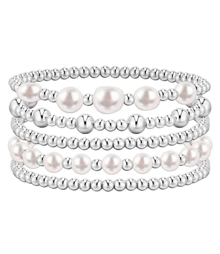 adoyi Silver Beaded Bracelets for Women, 14K Gold Plated Bead Bracelets Stack Trendy Stackable Bracelet Set Strand Stretch Pearl Ball Bracelet Bracelet Set Jewelry Set for Women Gift - Image 1