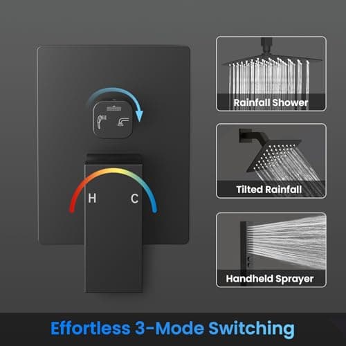 Orovessina Shower Faucet Set, 12" Ceiling Mount Rainfall Shower System with 2 Rain Shower Heads, 2-in-1 Handheld, Solid Brass Pressure Balancing Shower Valve and Trim Kit, Matte Black - Thumbnail 5