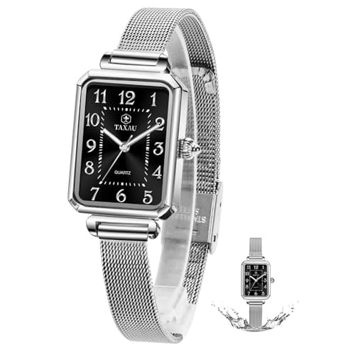 Taxau Watches for Women Dress Large Wrist Womens Waterproof Watch Analog Quartz Black Face Watch for Women with Date Square Mesh Band Ladies Watches - Image 1