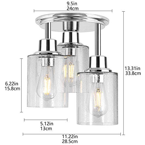Semi Flush Mount Ceiling Light, 3-Light Close to Ceiling Light Fixtures, Electroplating Chrome Finish with Clear Seeded Glass Shade Chandelier Lighting for Stairs Porch Hallway Entryway Kitchen - Thumbnail 3