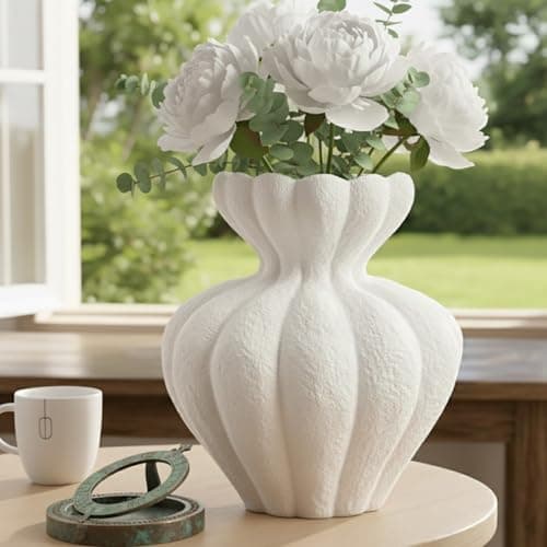 DecoVlog White Ceramic Vase, 8.2 Inch Modern Boho White Flower Vase for Home Decor, Unique Vase for Farmhouse Living Room Cabinet Table Centerpieces Wedding Decorations - Image 1