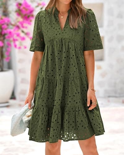 BTFBM Womens Boho Summer Dresses 2025 Resort V Neck Short Sleeve Hollow Out Lace Ruffle Casual Beach Mini Vacation Dress(Army Green, X-Large) - Thumbnail 2