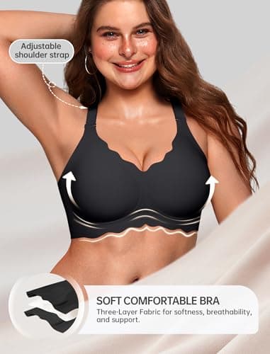 OEAK Womens Seamless Scalloped Bras No Underwire Push Up Full Coverage Anti Sagging Bra Comfortable Convertible Everyday Bra Black,L - Thumbnail 5