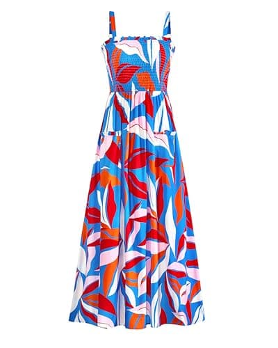 PRETTYGARDEN Womens Summer Dresses 2026 Casual Spaghetti Strap Ruffle Smocked Flowy Floral Spring Maxi Dress with Pocket(Floral Blue Multicolored,XX-Large) - Image 1