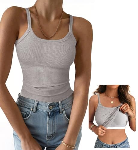 GKBK Women's Sleeveless Built in Bra Tank Top Form Fitting Scoop Neck Ribbed Knit Basic Padded Cami Shirts Dark Green XL - Image 1