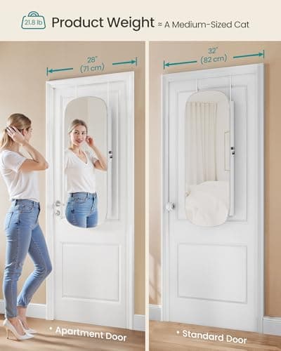 SONGMICS Jewelry Organizer, LED Jewelry Cabinet Wall/Door Mounted, Lockable Rounded Wide Mirror with Storage, Interior Mirror, 3.9 x 16.5 x 42.5 Inches, White Surface with Greige Lining - Thumbnail 4