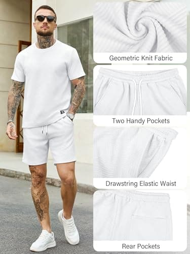 JEMLDL Mens 2 Piece Set Short Sleeve T-Shirt Shorts Summer Jacquard White Outfits Casual Lounge Wear Spring Clothes XL - Thumbnail 6