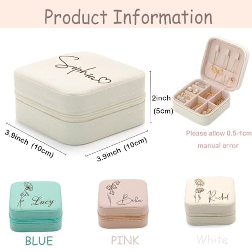 Corissy Personalized Jewelry Box for Women, Custom Travel Jewelry Case with Name and Birth Flower, Leather Jewelry Box for Rings, Earrings, Necklaces, Personalized Gifts for Women - Thumbnail 6