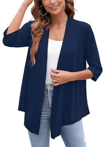 Heymoments Cardigan for Women Dark Blue Large Draped Open-Front 3/4 Sleeve Lightweight Casual Soft Drape Summer Fall Kimonos Cardigans - Image 1