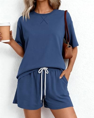 Zenlonr Women's Two Piece Lounge Sets 2026 Summer Casual Oversized Shirts Shorts Matching Airport Travel Outfit(Blue,Medium) - Thumbnail 3