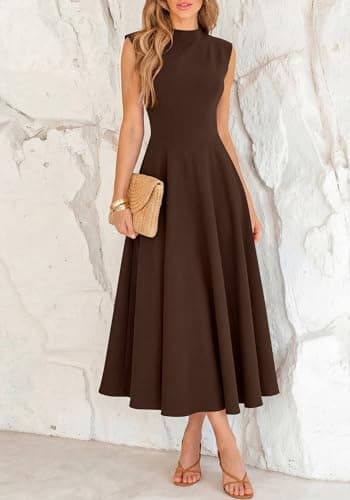 BTFBM Summer Dresses for Women 2026 Mock Neck Sleeveless High Waist Flowy Aline Maxi Spring Wedding Guest Dress Cocktail(Dark Brown, Medium) - Thumbnail 5