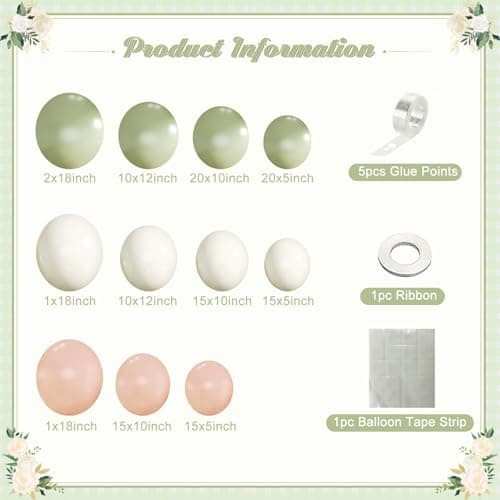 Pink and Green Balloon Arch Kit 124Pcs Sage Green Peach Ivory White Balloons Different Size for Baby Shower Wedding Bridal Shower Birthday Gender Reveal Party Decorations - Thumbnail 6