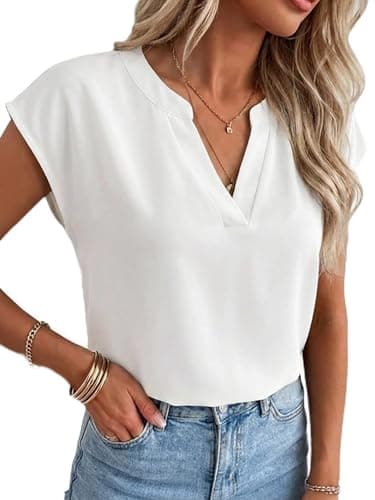 Funlingo Womens Tops Dressy Casual 2026 Summer Trendy V Neck Flowy Blouses Cap Sleeve Business Casual White Shirts Office Work Wear 2XL - Image 1